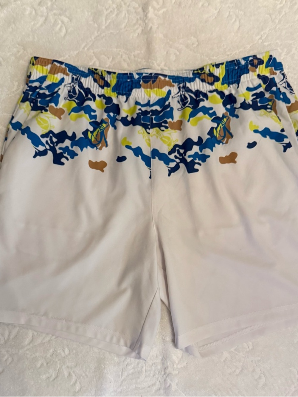 White Mens Athletic Shorts with Blue & Yellow Camo Waistband